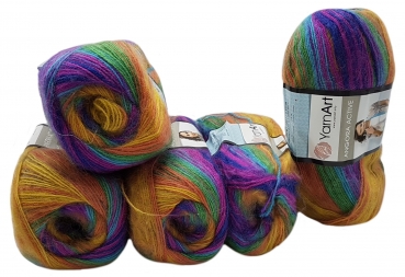 5 x 100 g YarnArt Angora Active Strickwolle Mehrfarbig mit Farbverlauf, 500 Gramm Strickgarn mit 20% Wolle-Anteil