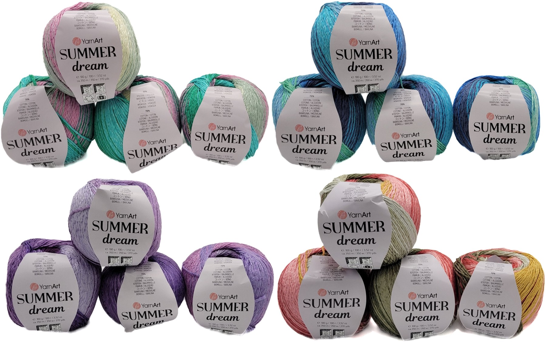 Hochwertige Wolle und Handarbeitszubehr - 4x 100 Gramm Summer Dream  Strickgarn, 400 Gramm Garn mit 70% merzerisierter Baumwolle und 30%  Viskose, mehrfarbig